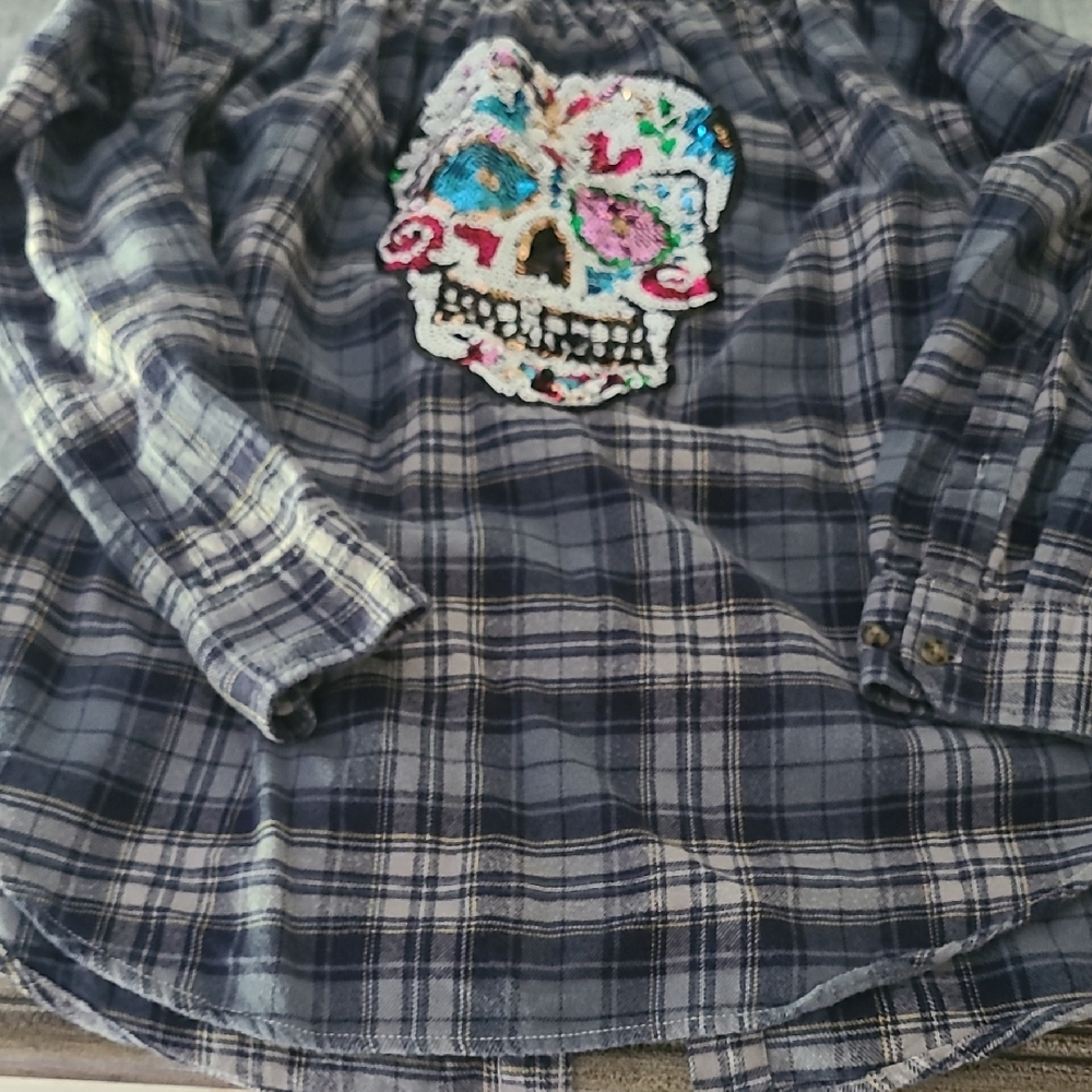 Plaid Shirt with Colorful Skull Patch